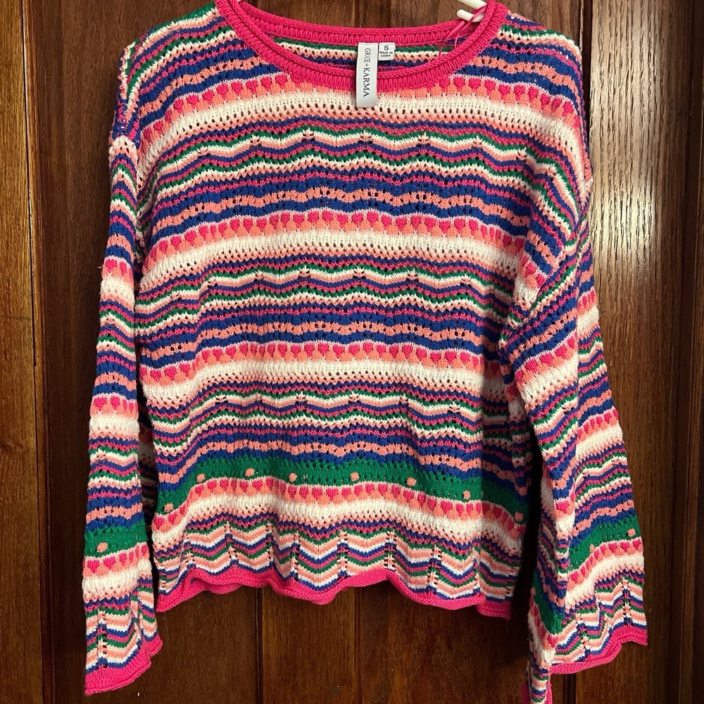 Grace & Karma Pink Rainbow Blocked Contrast Chunky Vibrant Stripe BohoSweater Sm